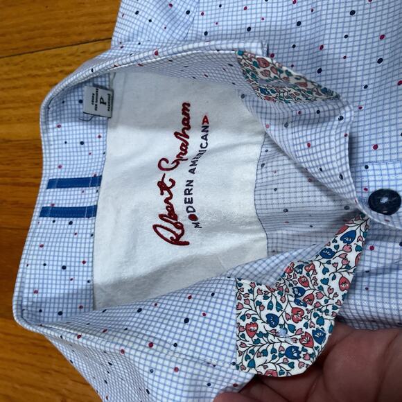 Robert Graham Short Sleeve Shirt Dot Pattern Over Grid Floral Flip Size Small - Picture 4 of 12